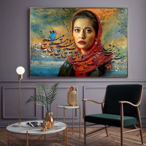 تابلو پرتره با شال سنتی و پروانه‌ها