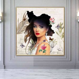 تابلو پرتره با گل و پروانه