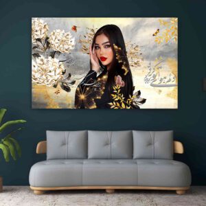 تابلو پرتره با گل‌های طلایی و خطاطی