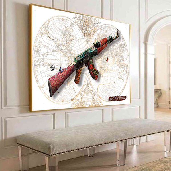 تابلو مفهومی با طرح تفنگ AK-47 و نقشه جهان