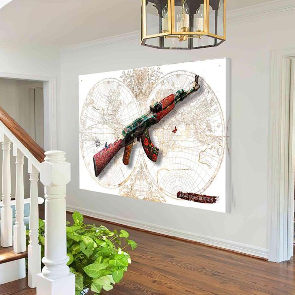 تابلو مفهومی با طرح تفنگ AK-47 و نقشه جهان