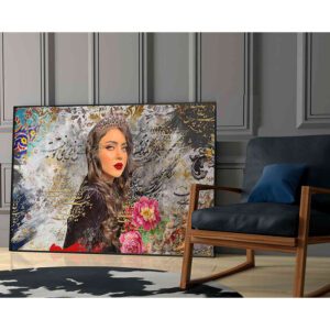 تابلو هنری با پرتره زن و گل‌های سنتی
