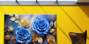 تابلو دکوراتیو بوم گل آبی طلایی
