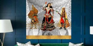 تابلو هنری با طرح زنان قاجار و خطاطی سنتی