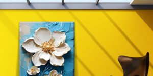 تابلو گلهای سفید طلایی بافتدار آبی