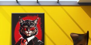 تابلو گربه با کت شلوار قرمز مشکی