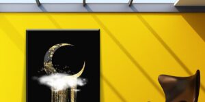 تابلو هلال ماه طلایی و ابرها